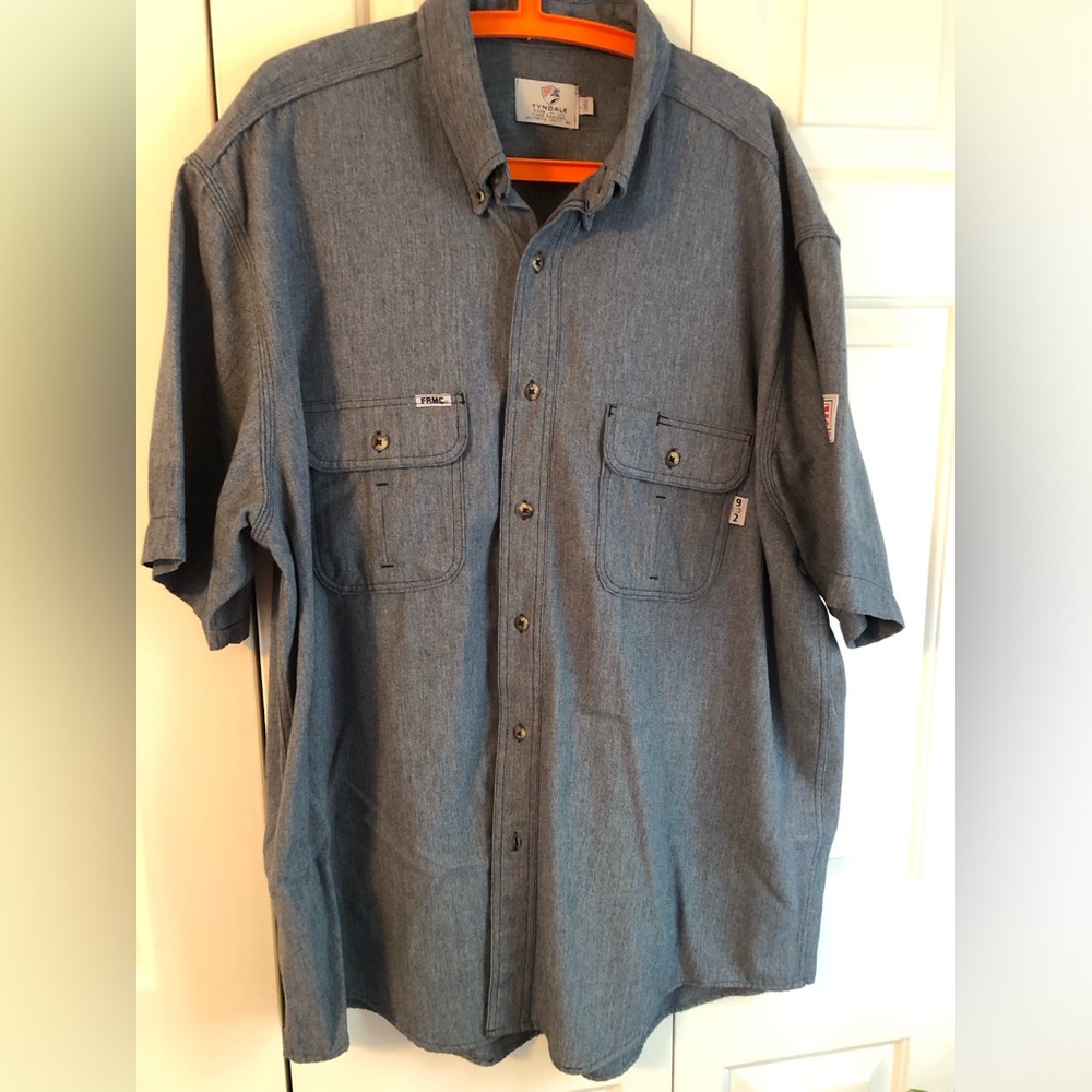 Tyndall Men’s FR/Flame Resistant 9.1 Arc shirt,, denim color, detailed stitching